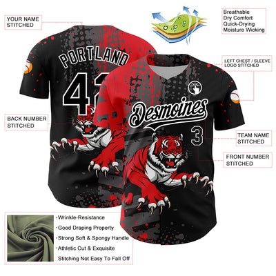 Custom Black Red-White 3D Pattern Design Animal Tiger Authentic Baseball Jersey