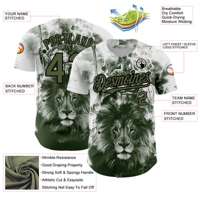 Custom White Olive-Black 3D Pattern Design Animal Lion Authentic Baseball Jersey