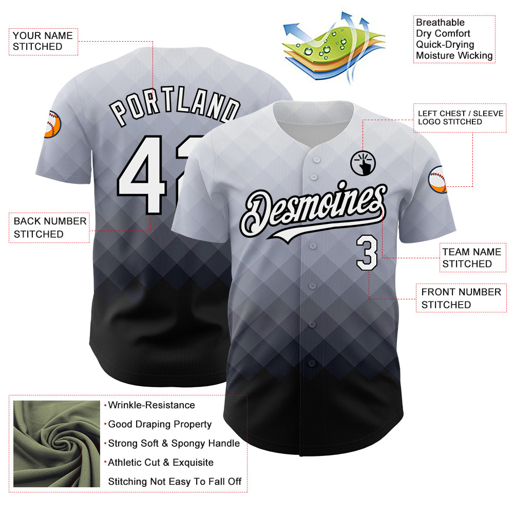 Custom Gray White-Black 3D Pattern Design Gradient Square Shape Authentic Baseball Jersey