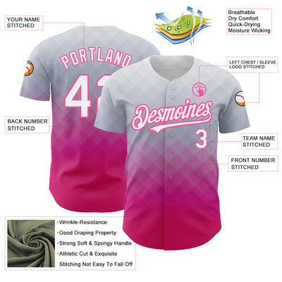 Custom Gray White-Pink 3D Pattern Design Gradient Square Shape Authentic Baseball Jersey