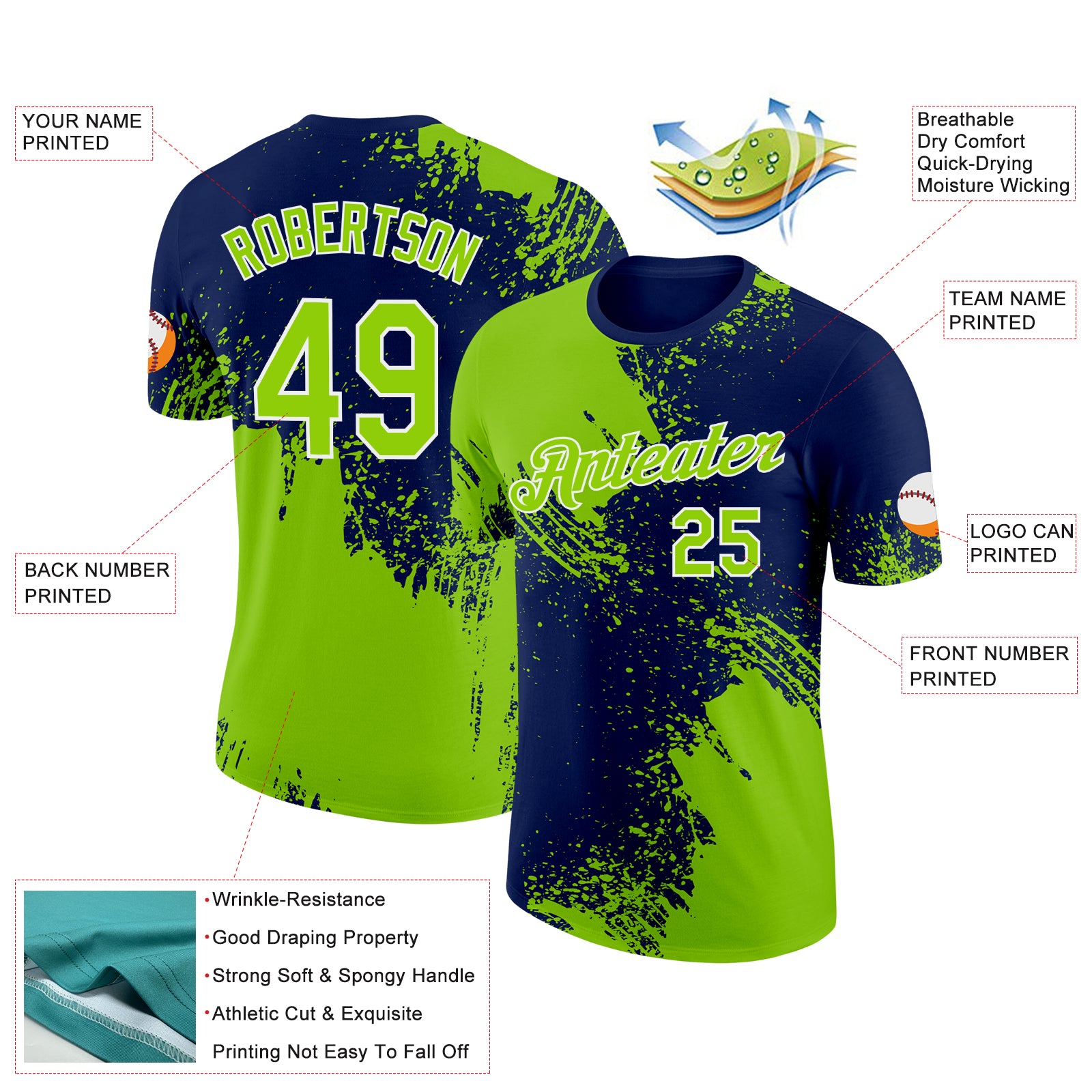 Custom Neon Green Navy-White 3D Pattern Design Abstract Brush Stroke Performance T-Shirt