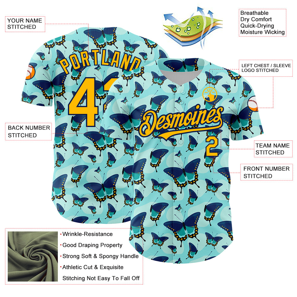 Custom Ice Blue Gold-Navy 3D Pattern Design Animal Butterfly Authentic Baseball Jersey
