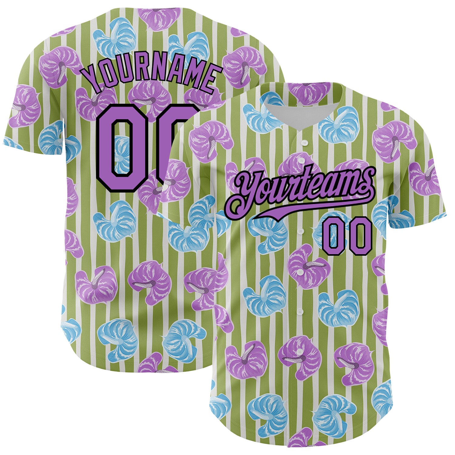 Custom Olive Medium Purple-Black 3D Pattern Design Tropical Anthurium Flower Authentic Baseball Jersey