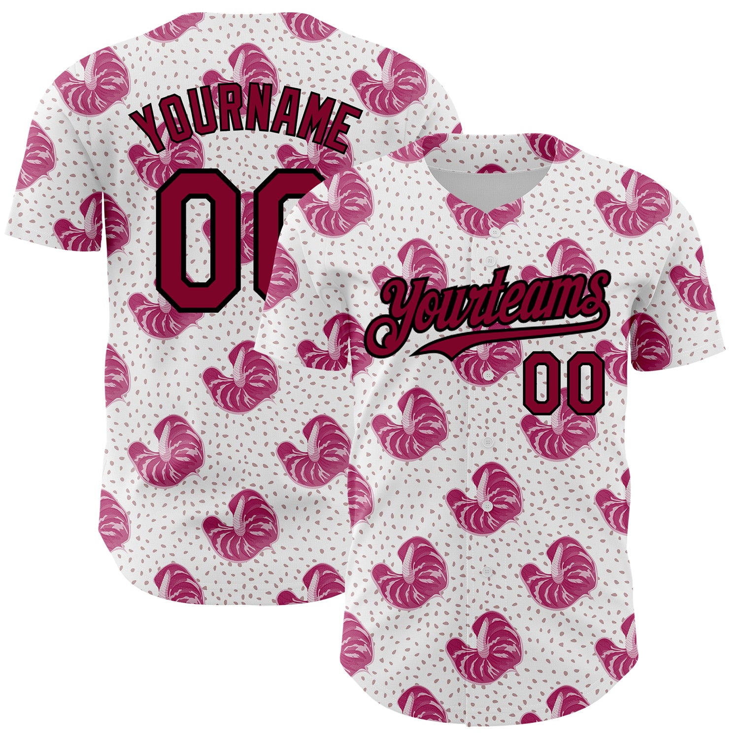Custom White Maroon-Black 3D Pattern Design Tropical Anthurium Flower Authentic Baseball Jersey