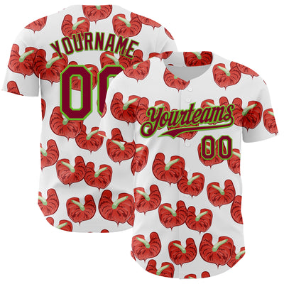Custom White Maroon-Aurora Green 3D Pattern Design Tropical Anthurium Flower Authentic Baseball Jersey