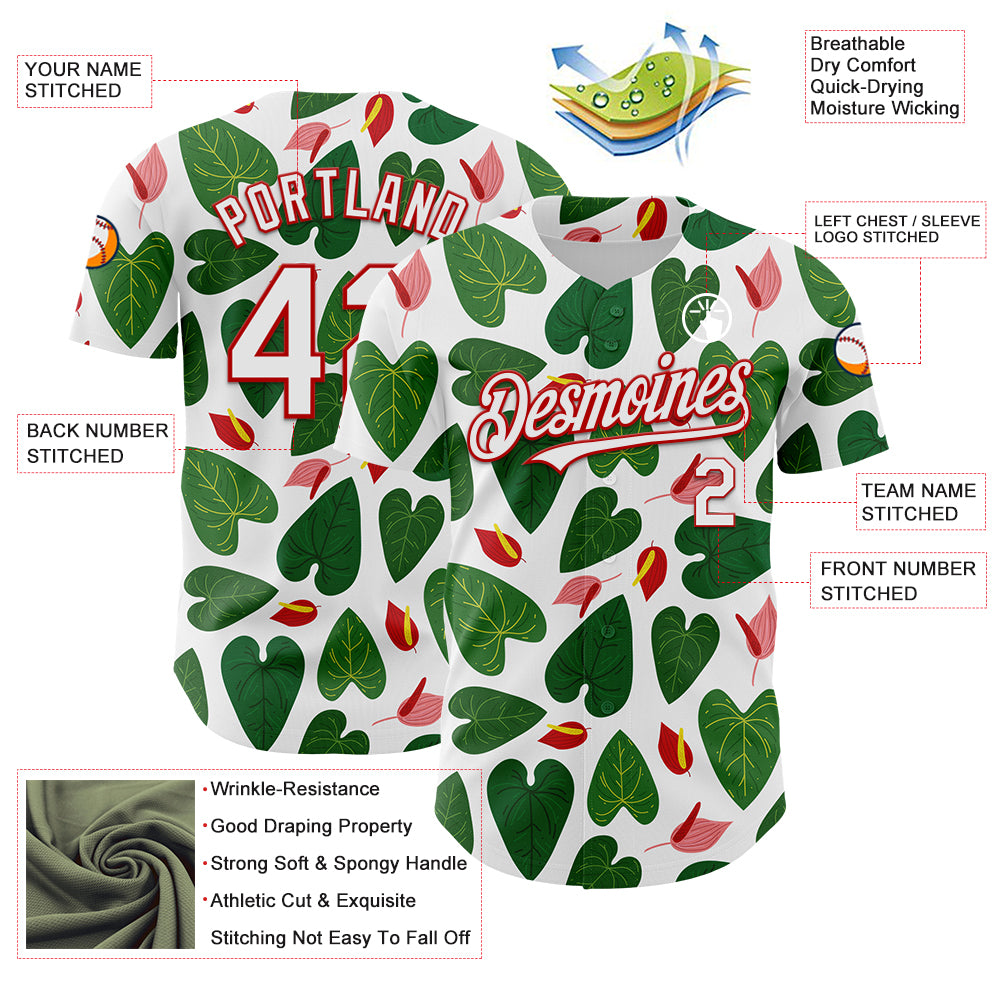 Custom White Red 3D Pattern Design Tropical Anthurium Flower Authentic Baseball Jersey