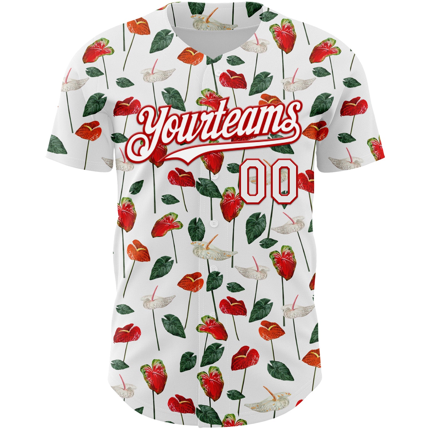 Custom White Red 3D Pattern Design Tropical Anthurium Flower Authentic Baseball Jersey