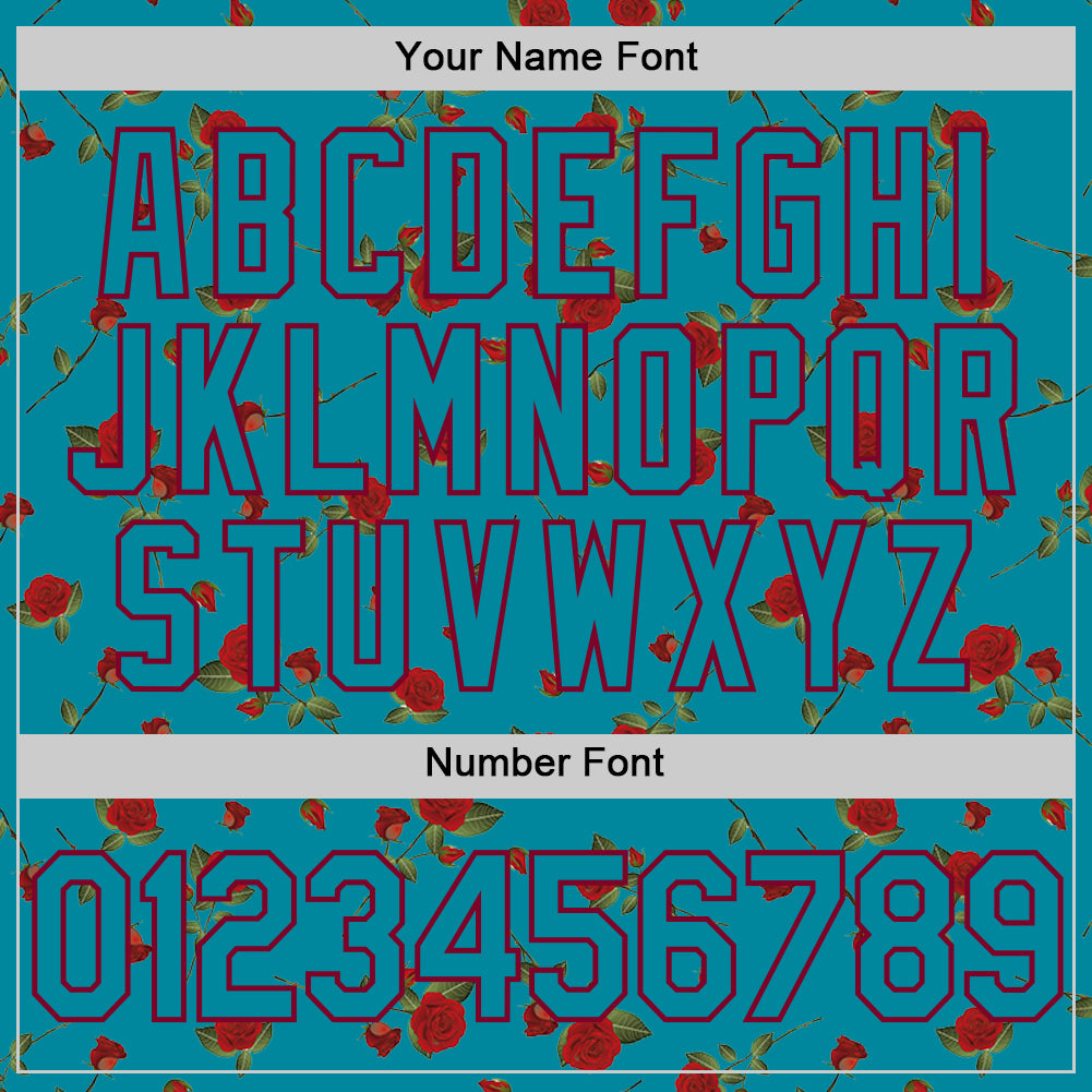 Custom Teal Maroon 3D Pattern Design Gothic Style Rose Authentic Baseball Jersey