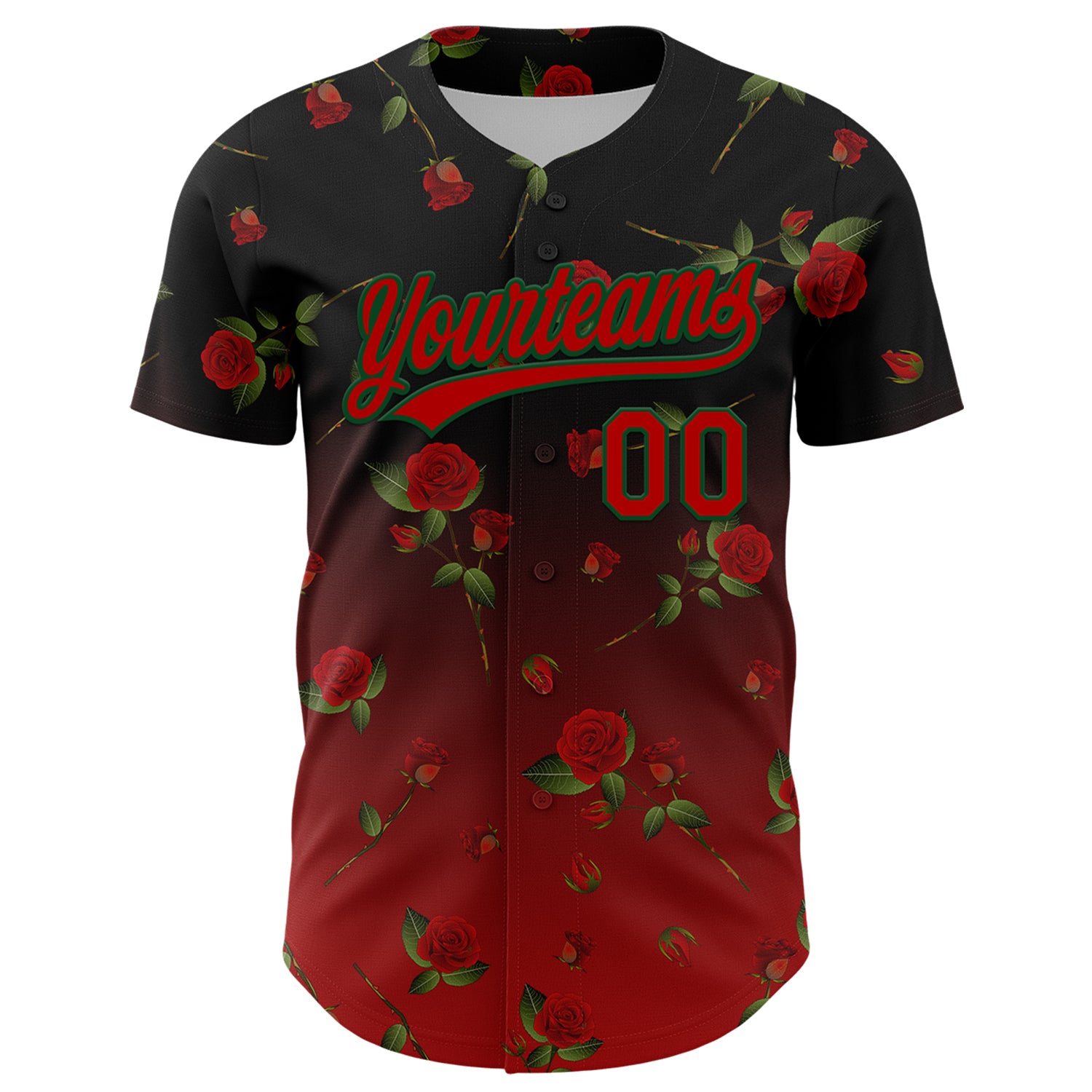 Custom Black Red-Green 3D Pattern Design Gothic Style Rose Authentic Baseball Jersey