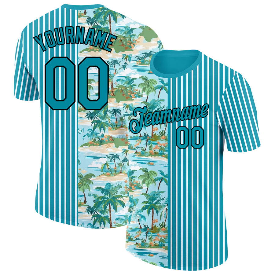 Custom Teal Black-White 3D Tropical Hawaii Beach And Palm Trees Performance T-Shirt