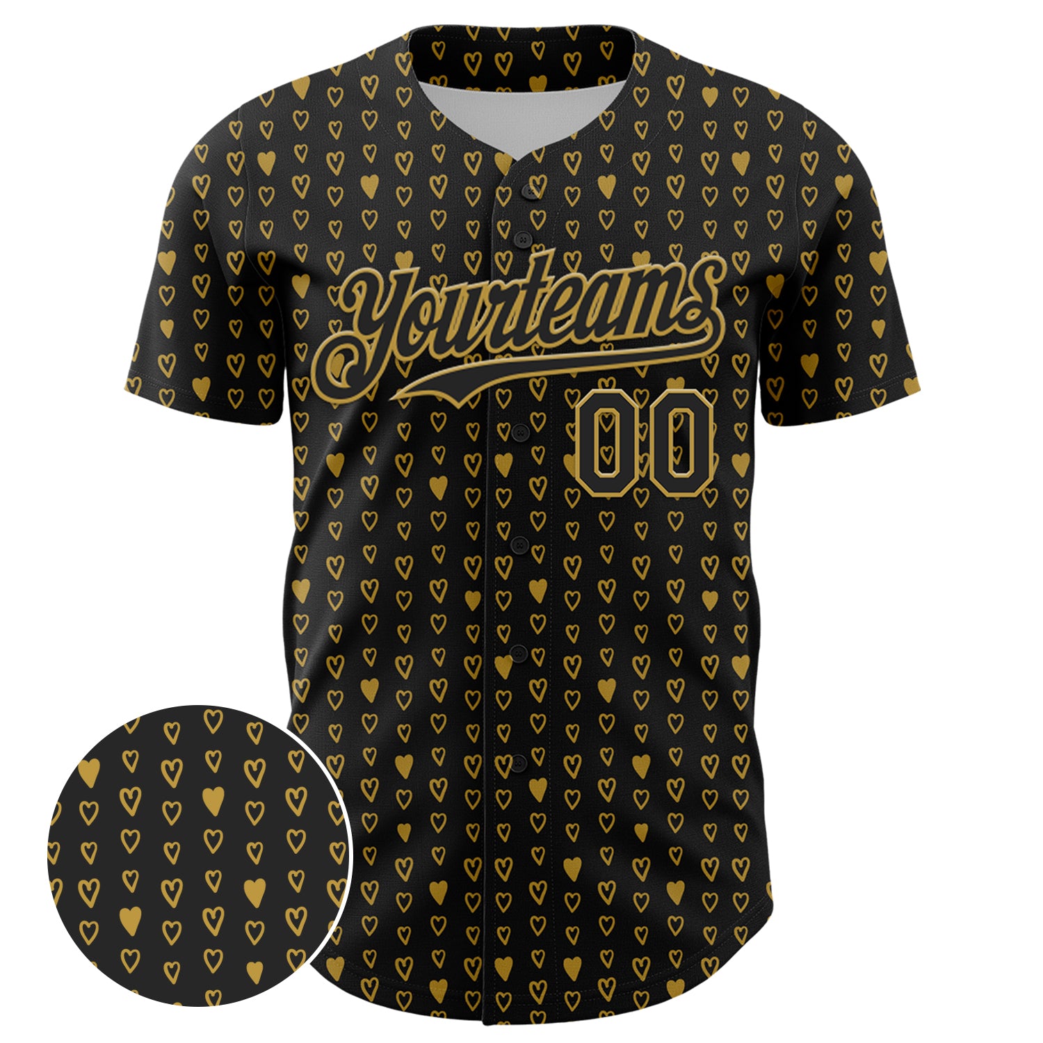 Custom Black Old Gold 3D Pattern Design Hearts Authentic Baseball Jersey