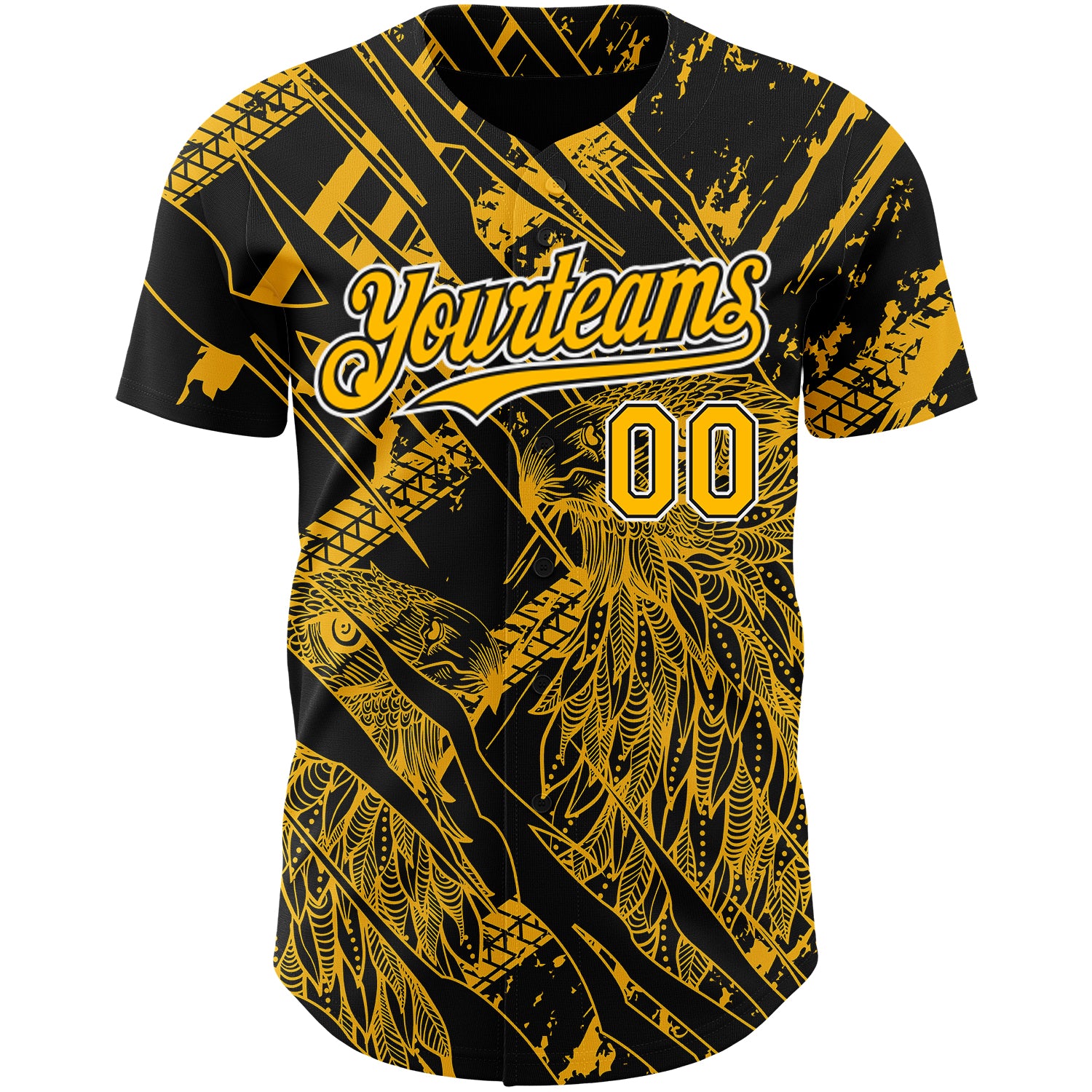 Custom Black Gold-White 3D Pattern Design Animal Eagle Authentic Baseball Jersey