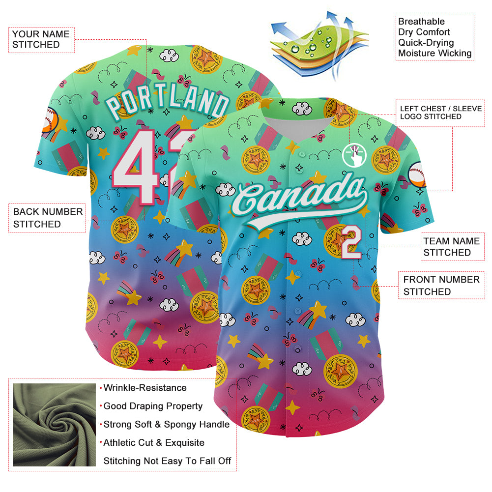 Custom 3D Pattern Baseball Jersey Pea Green Neon Pink Aqua-Sky