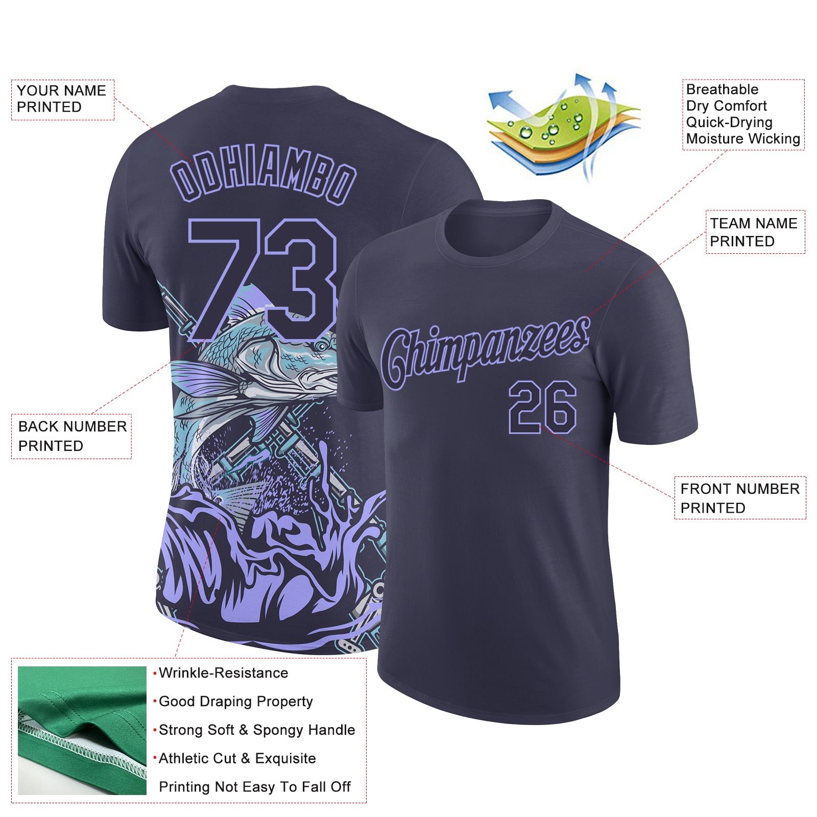 Custom Navy Light Purple 3D Pattern Design Fishing Performance T-Shirt