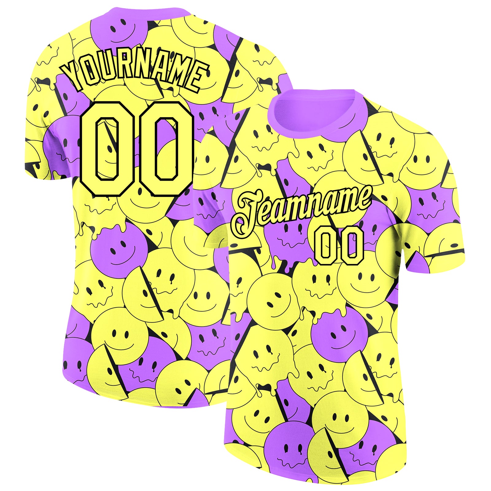 Custom Light Yellow Medium Purple-Black 3D Pattern Design Smile Emoji Performance T-Shirt