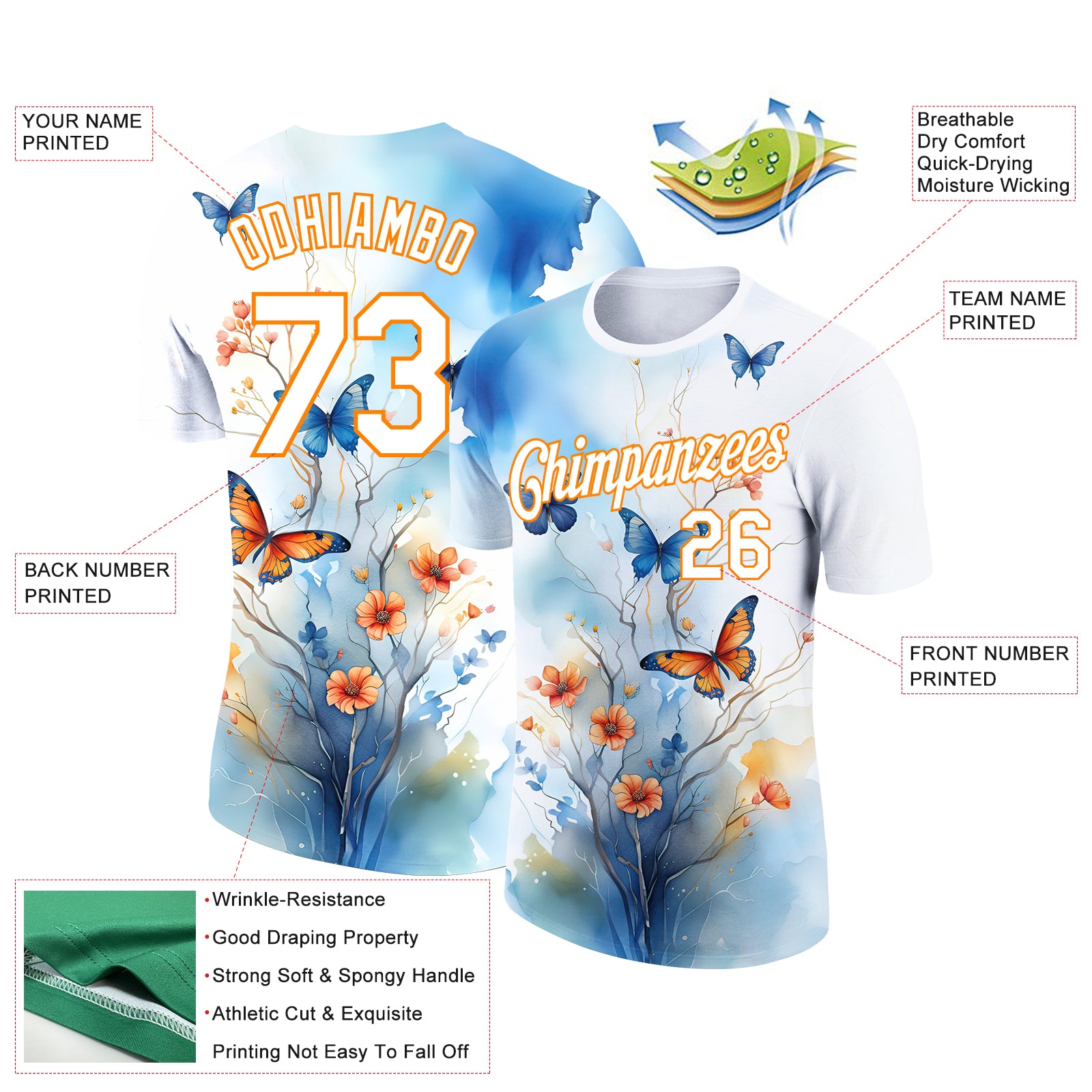 Custom White Bay Orange 3D Pattern Design Flower With Butterfly Performance T-Shirt