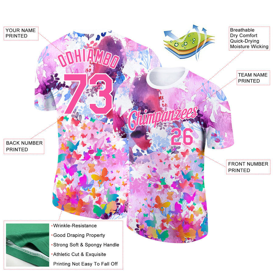 Custom Pink White 3D Pattern Design Watercolor Butterfly Performance T-Shirt