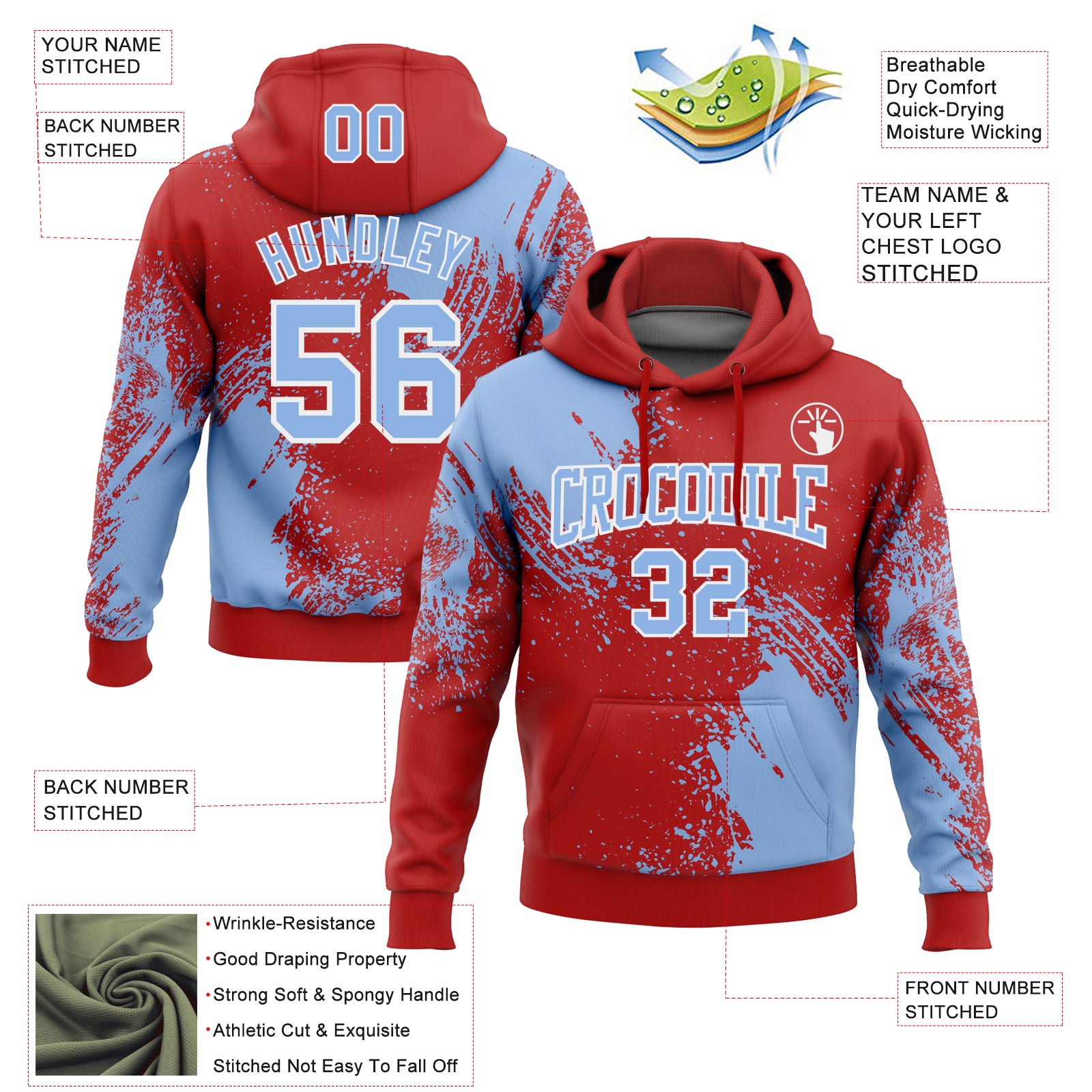 Custom Stitched Red Light Blue-White 3D Pattern Design Abstract Brush Stroke Sports Pullover Sweatshirt Hoodie