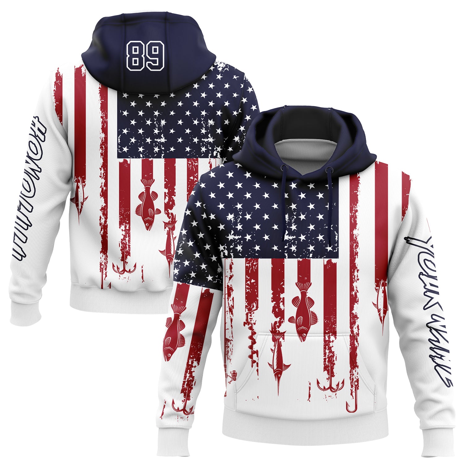 Custom White Navy-Red 3D American Flag And Fish Hook Fishing Sports Pullover Sweatshirt Hoodie