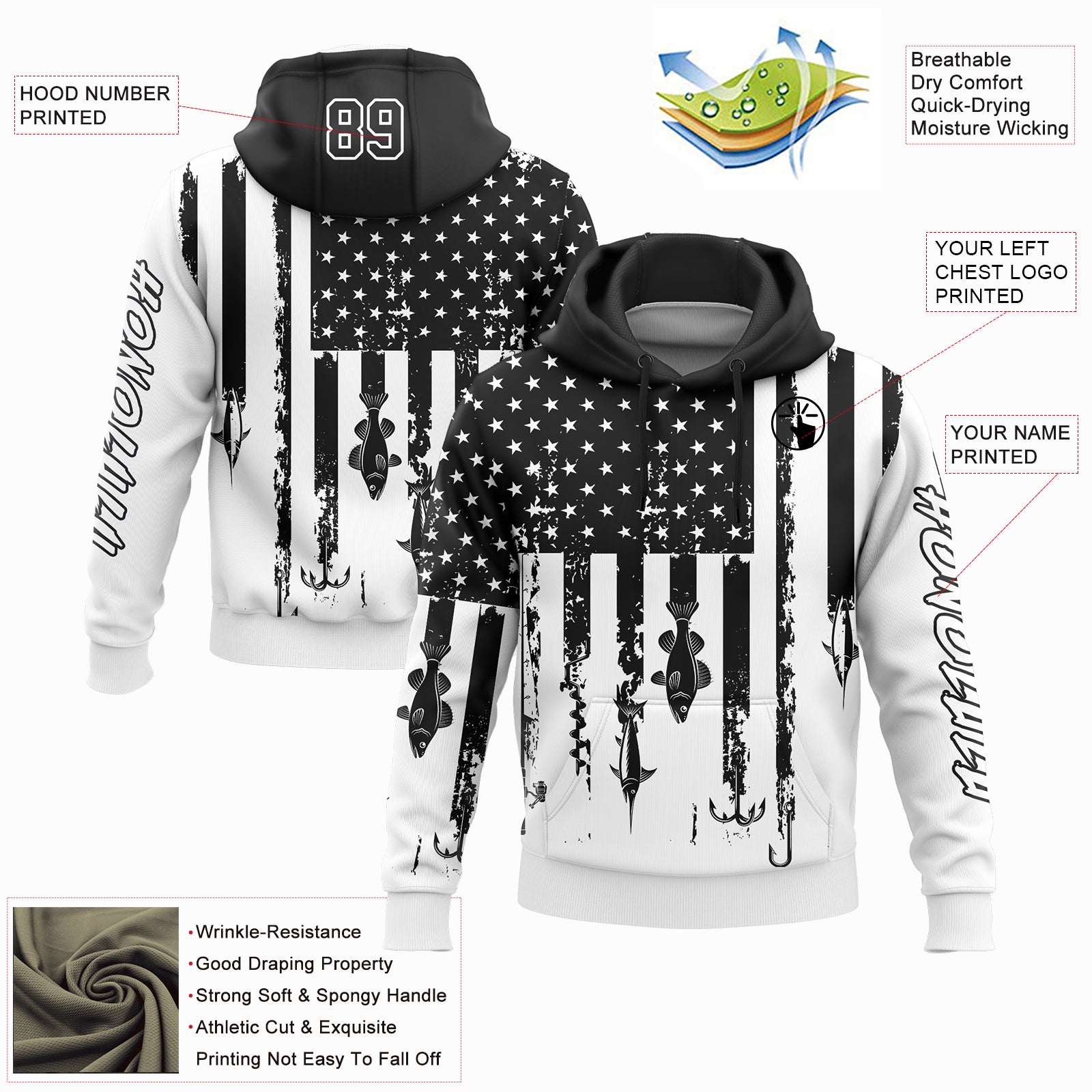 Custom White Black 3D American Flag And Fish Hook Fishing Sports Pullover Sweatshirt Hoodie