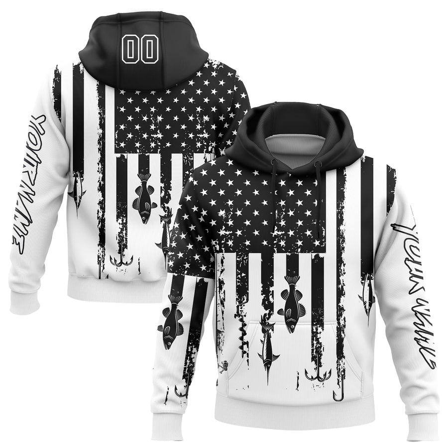 Custom White Black 3D American Flag And Fish Hook Fishing Sports Pullover Sweatshirt Hoodie