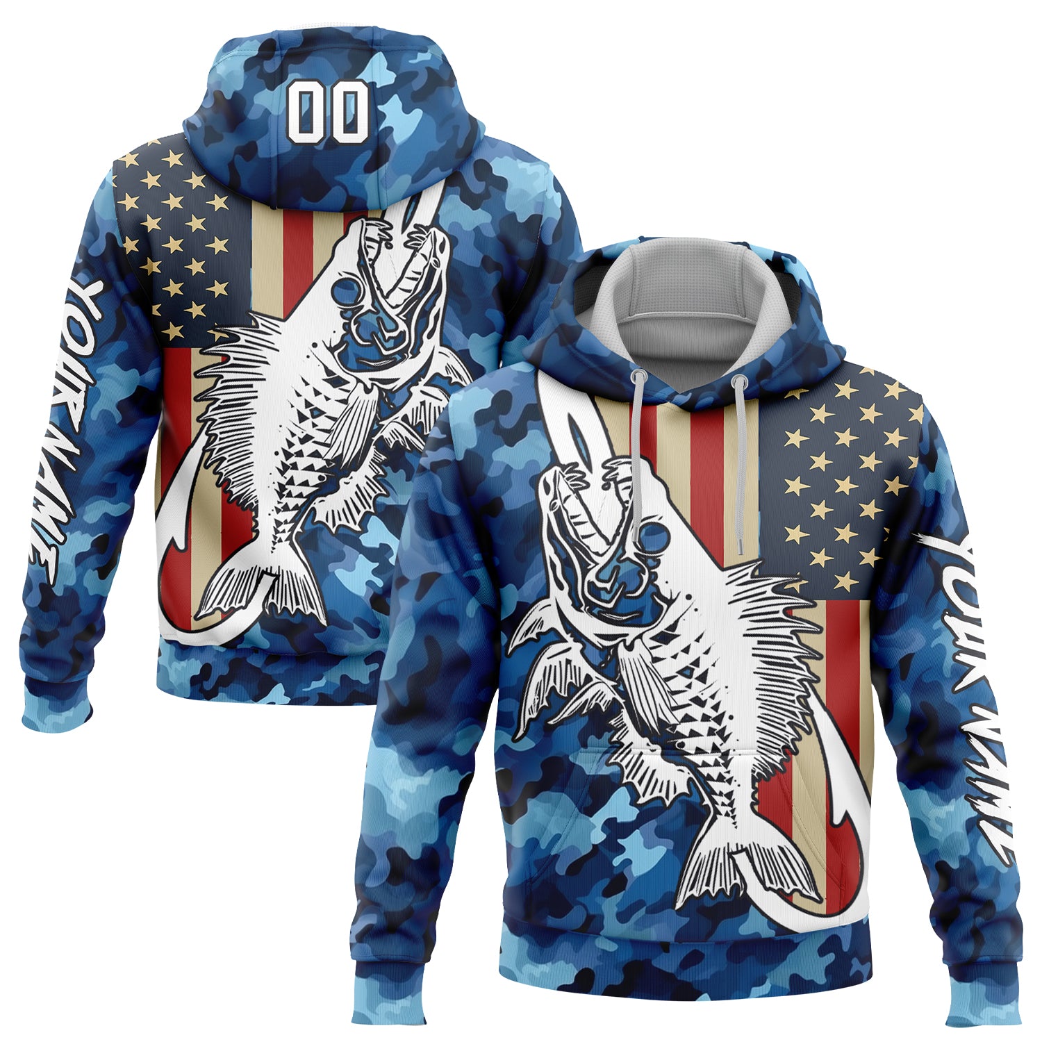 Custom Camo White-Black 3D American Flag And Fish Hook Skull Fishing Sports Pullover Sweatshirt Salute To Service Hoodie