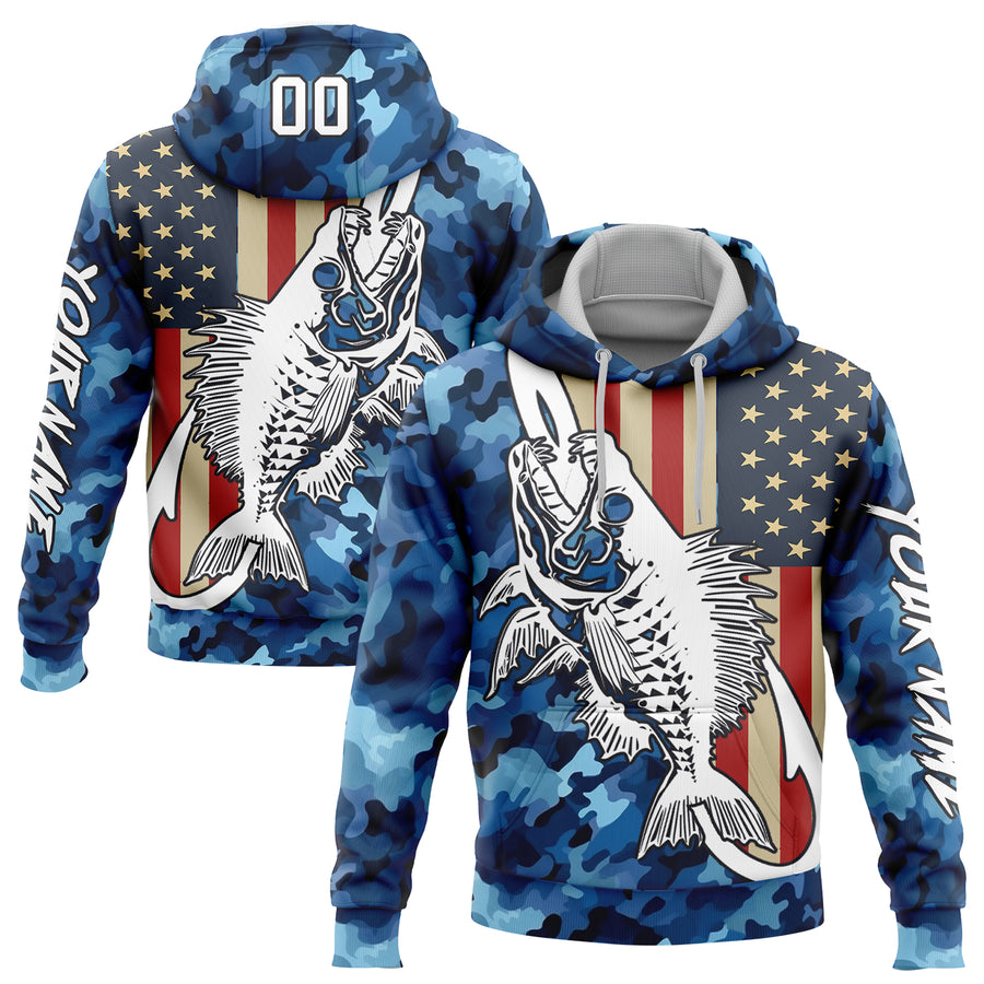 Custom Camo White-Black 3D American Flag And Fish Hook Skull Fishing Sports Pullover Sweatshirt Salute To Service Hoodie