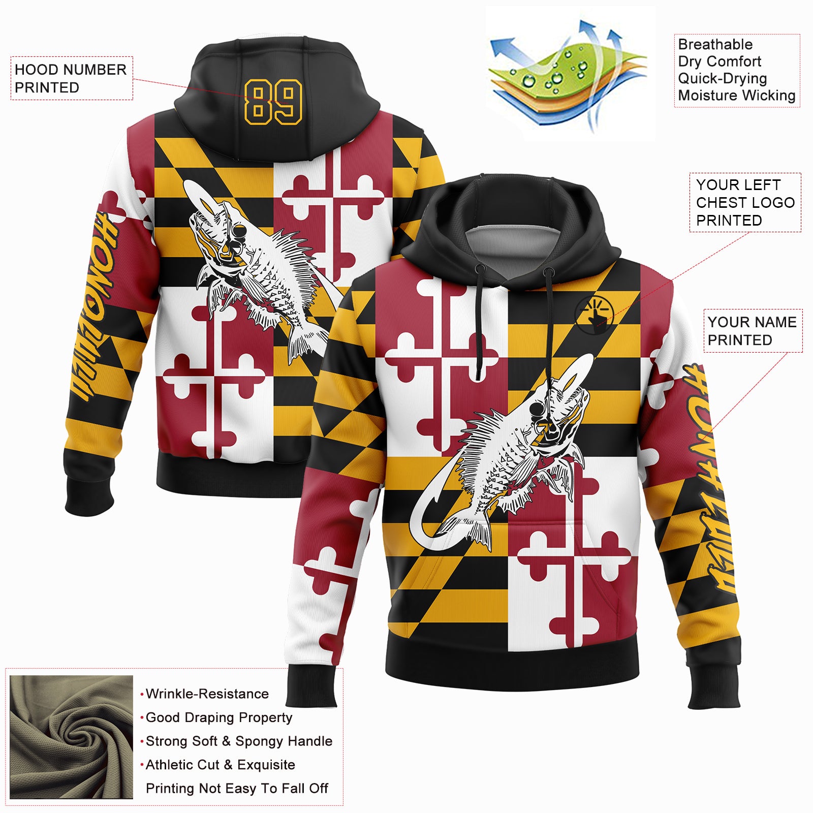 Custom Gold Black-Red 3D Maryland Flag And Fish Hook Skull Fishing Sports Pullover Sweatshirt Hoodie