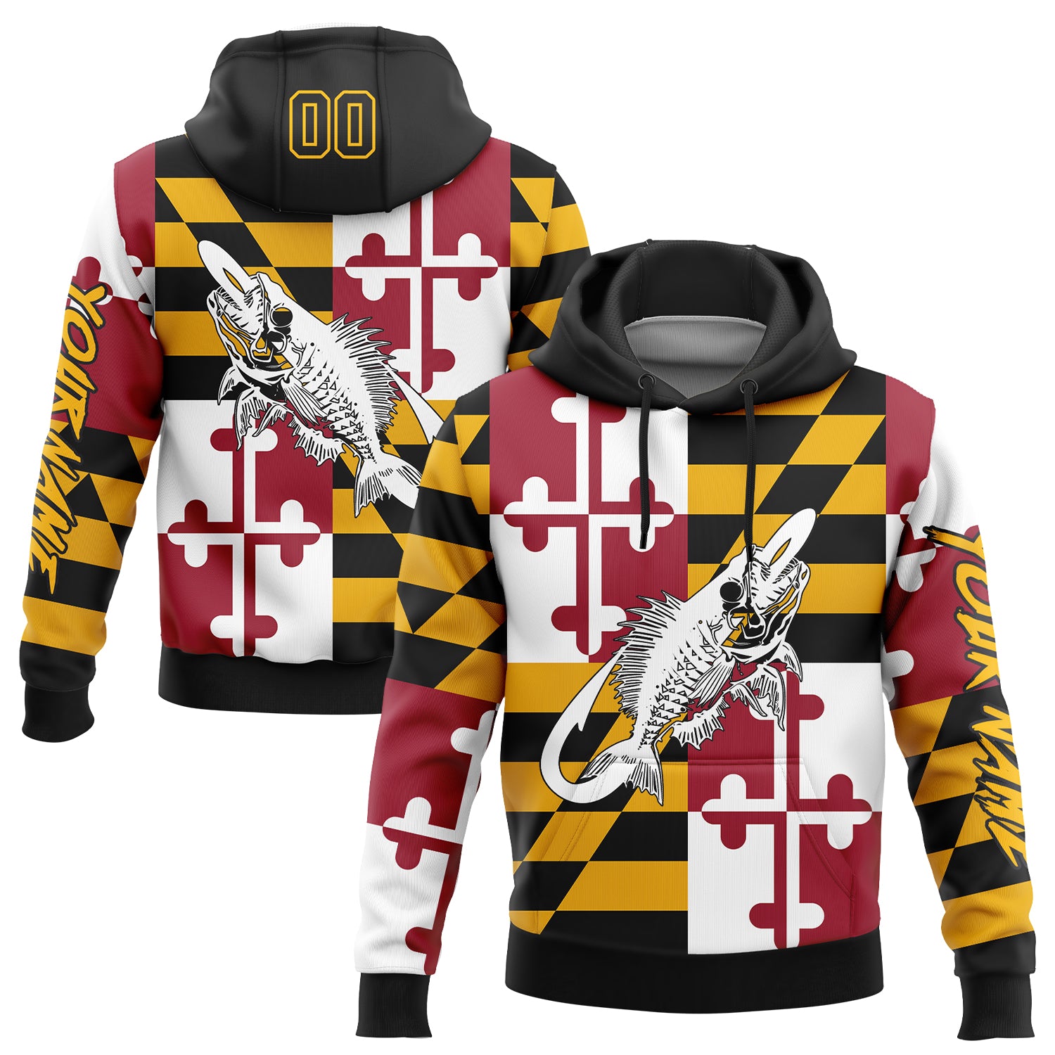 Custom Gold Black-Red 3D Maryland Flag And Fish Hook Skull Fishing Sports Pullover Sweatshirt Hoodie