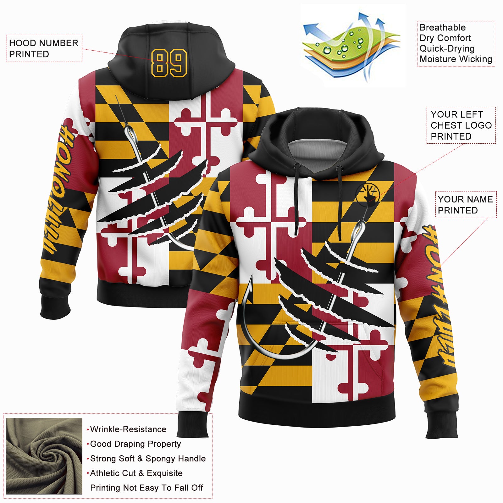 Custom Gold Black-Red 3D Maryland Flag And Fish Hook Fishing Sports Pullover Sweatshirt Hoodie