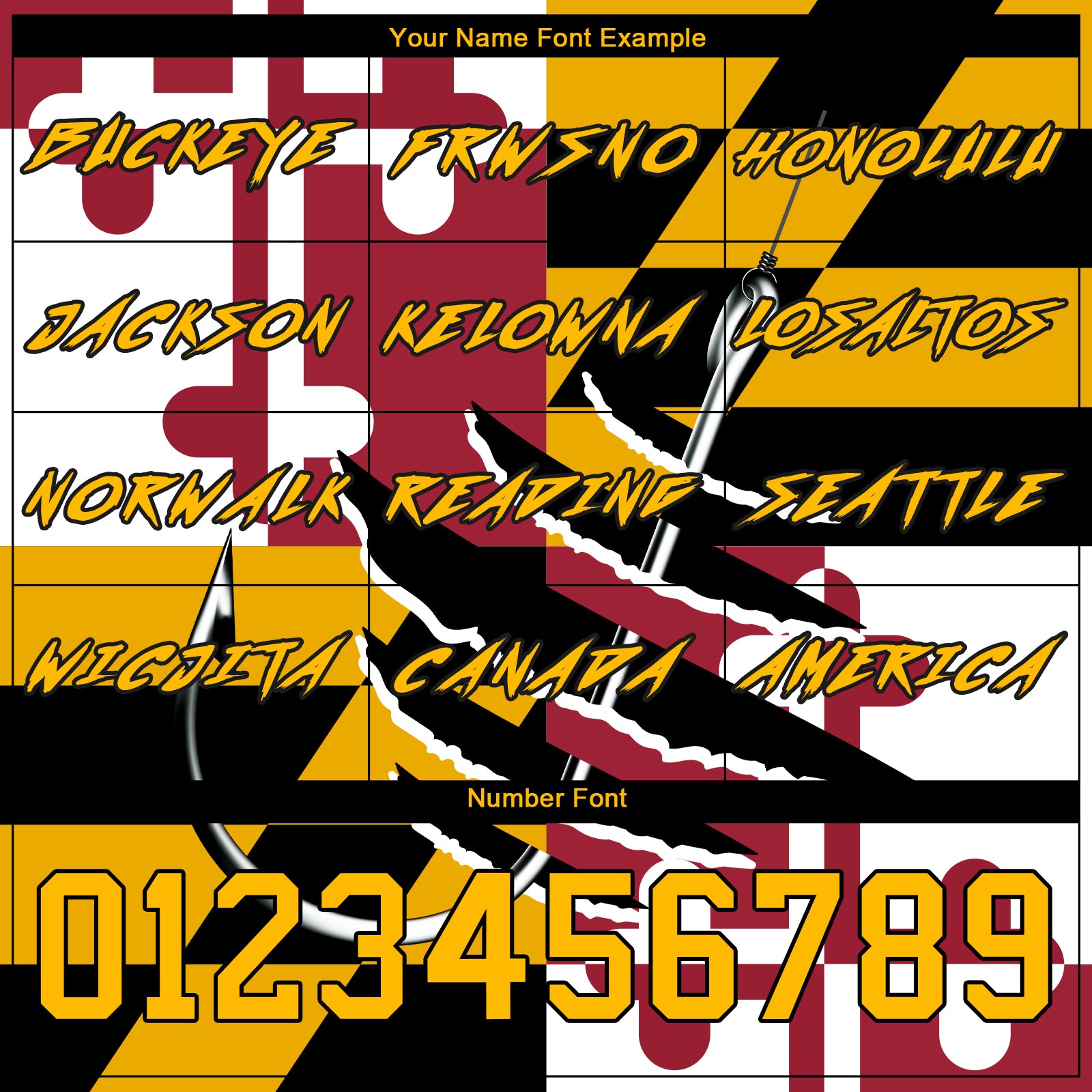 Custom Gold Black-Red 3D Maryland Flag And Fish Hook Fishing Sports Pullover Sweatshirt Hoodie