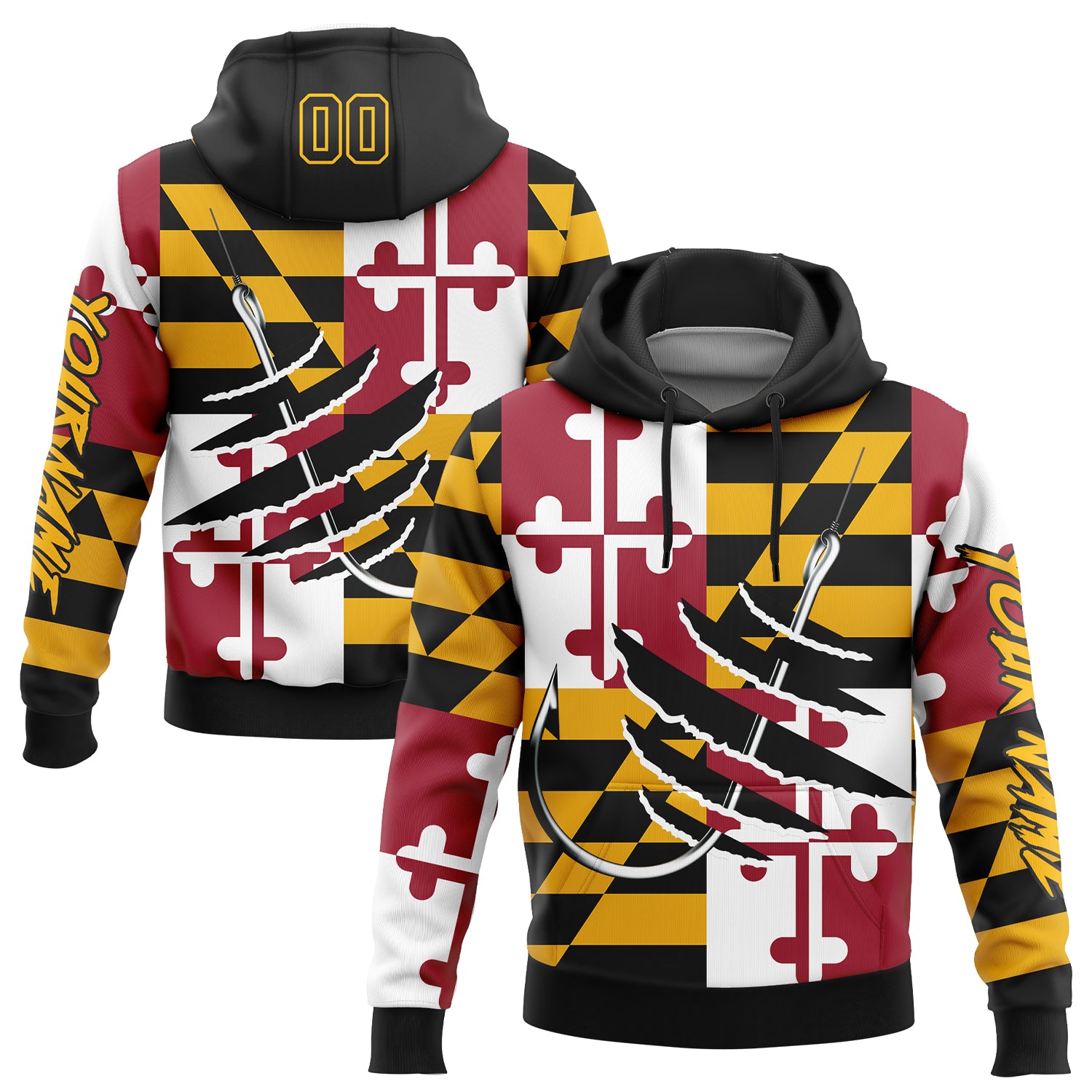 Custom Gold Black-Red 3D Maryland Flag And Fish Hook Fishing Sports Pullover Sweatshirt Hoodie