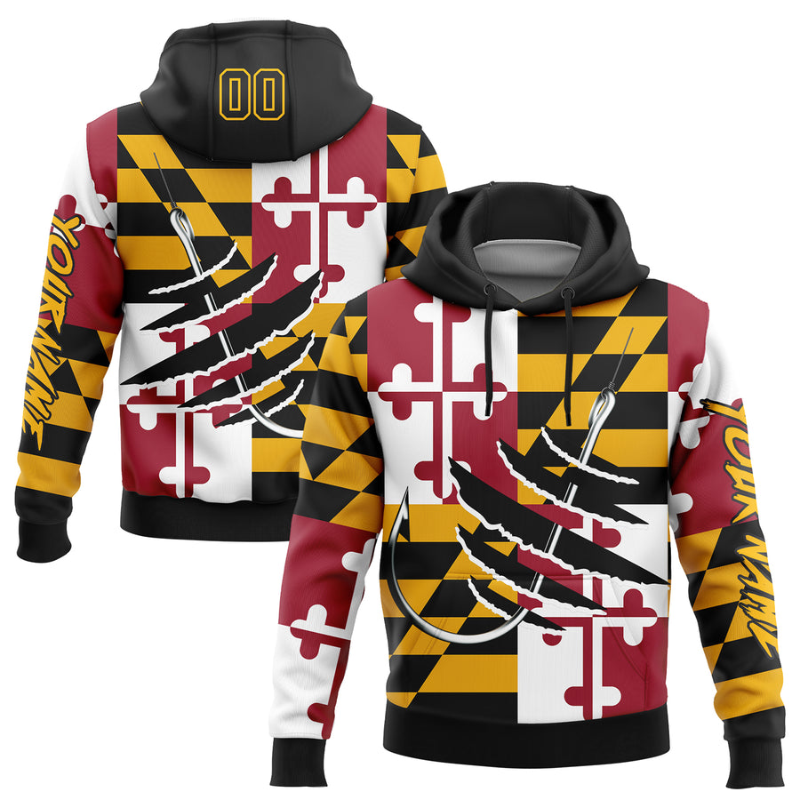Custom Gold Black-Red 3D Maryland Flag And Fish Hook Fishing Sports Pullover Sweatshirt Hoodie