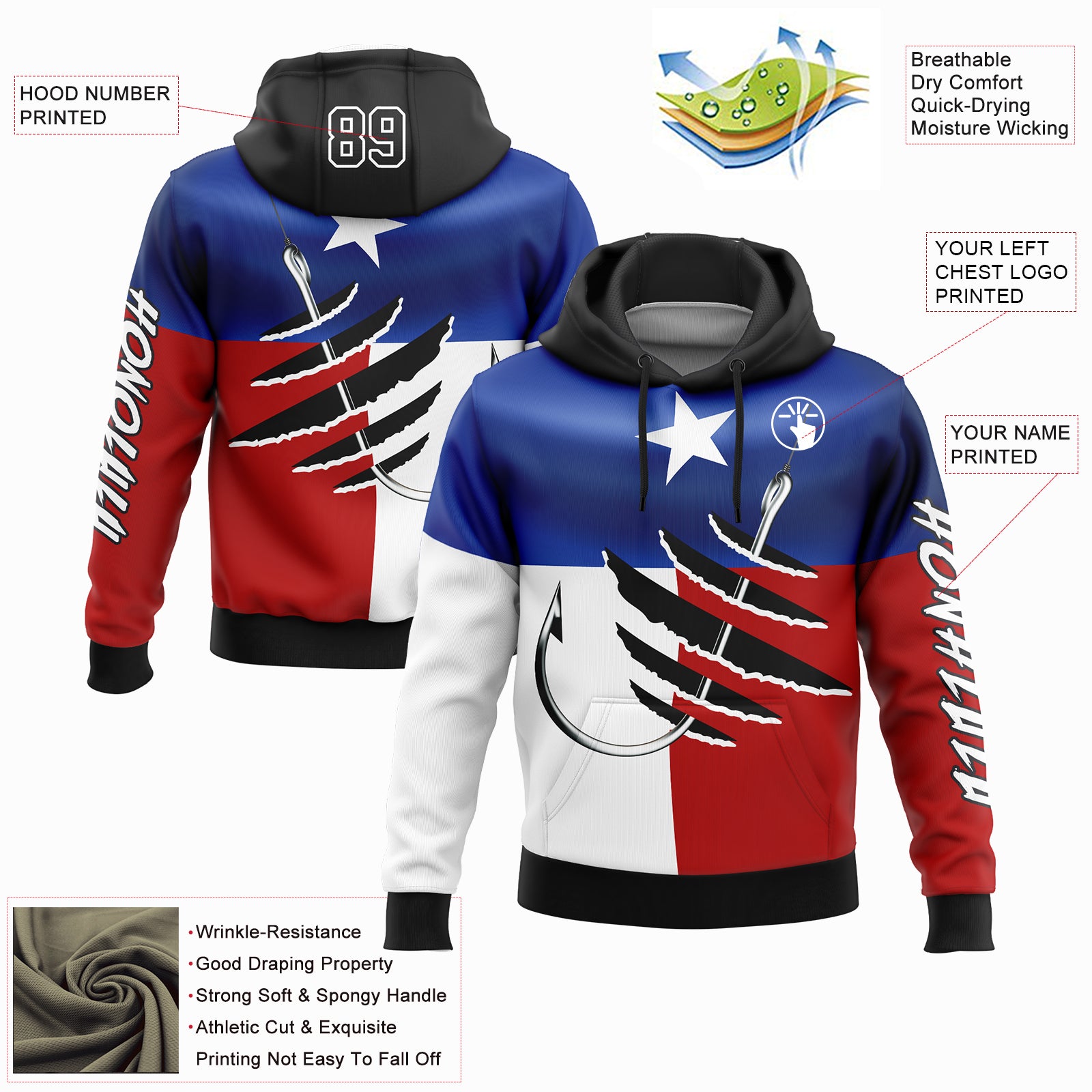 Custom Royal Black-Red 3D Texas Flag And Fish Hook Fishing Sports Pullover Sweatshirt Hoodie