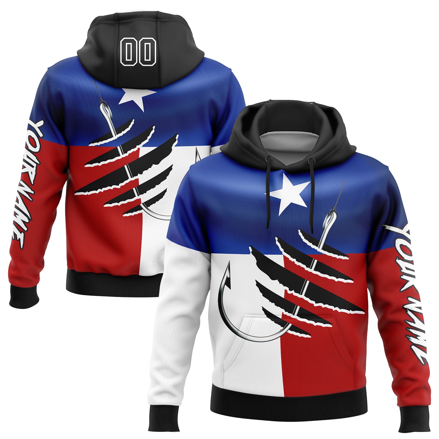 Custom Royal Black-Red 3D Texas Flag And Fish Hook Fishing Sports Pullover Sweatshirt Hoodie