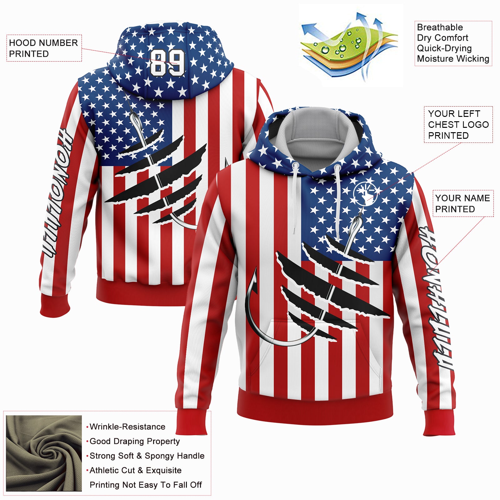 Custom Red US Navy Blue-Black 3D American Flag And Fish Hook Fishing Sports Pullover Sweatshirt Hoodie