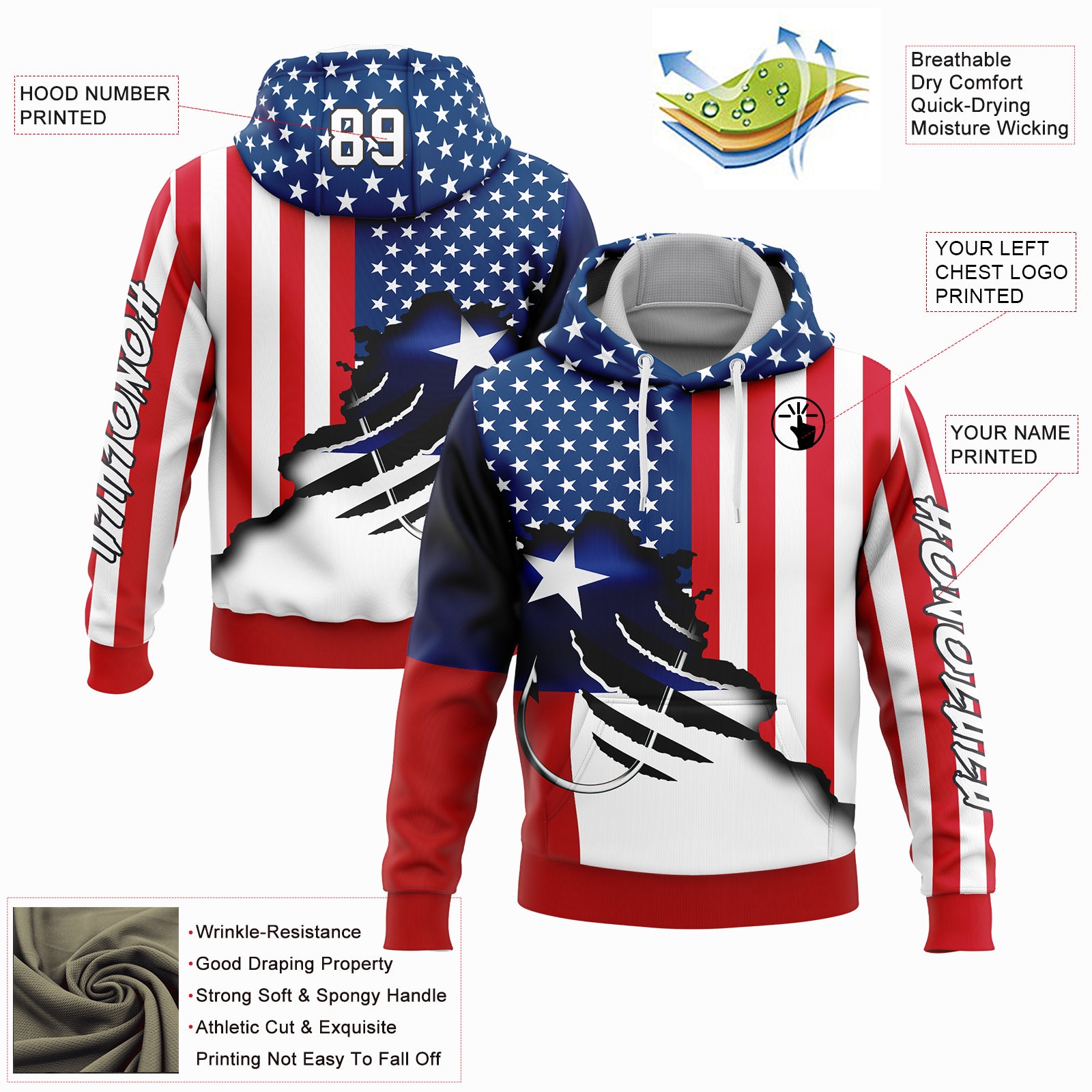 Custom Red US Navy Blue-Black 3D American Flag And Fish Hook Fishing Sports Pullover Sweatshirt Hoodie