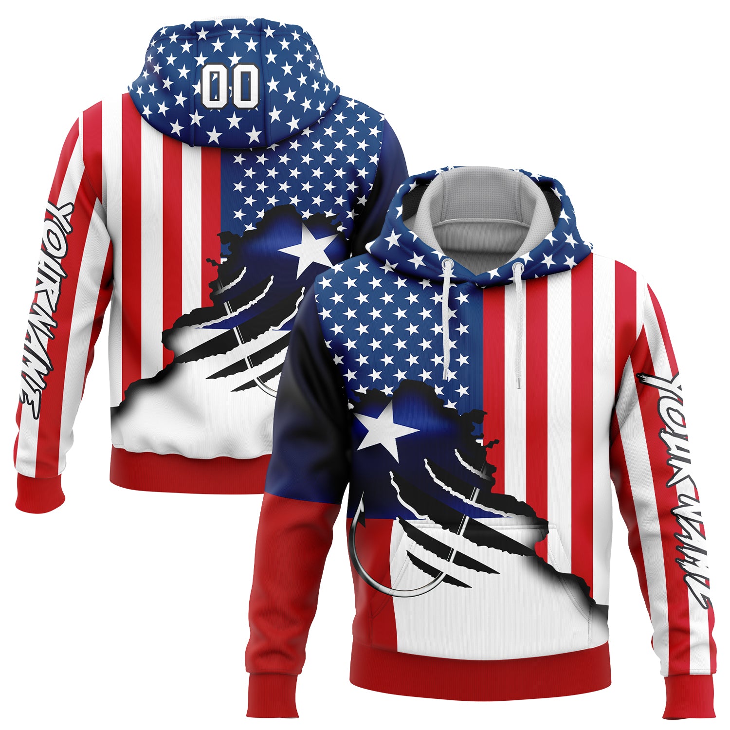 Custom Red US Navy Blue-Black 3D American Flag And Fish Hook Fishing Sports Pullover Sweatshirt Hoodie