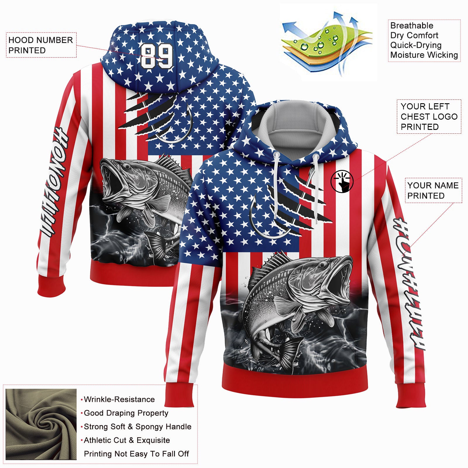 Custom Red US Navy Blue-Black 3D American Flag And Largemouth Bass Fish Fishing Sports Pullover Sweatshirt Hoodie