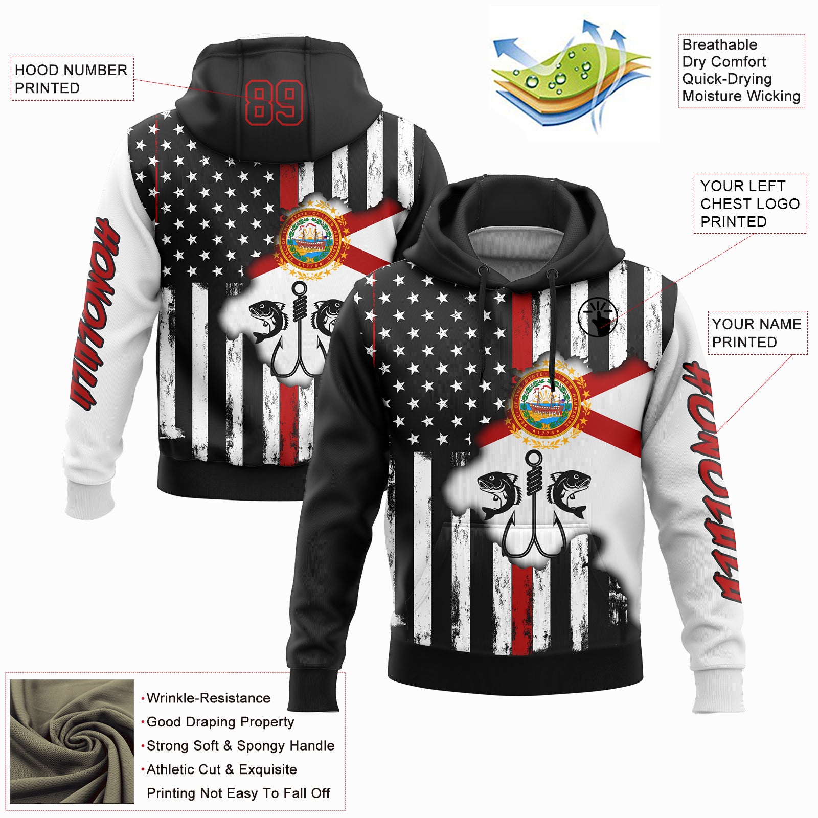 Custom Black Red-White 3D American Flag And Fish Hook Fishing Sports Pullover Sweatshirt Hoodie