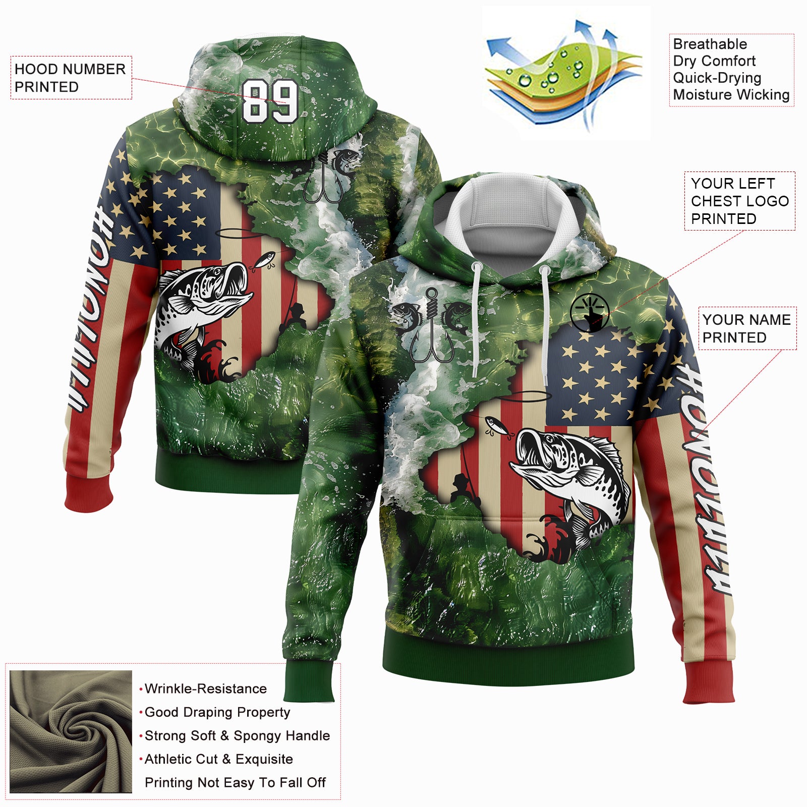 Custom Aurora Green White-Black 3D American Flag And Largemouth Bass Fish Fishing Sports Pullover Sweatshirt Hoodie
