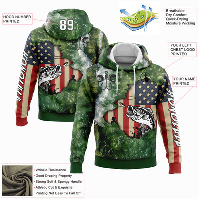 Custom Aurora Green White-Black 3D American Flag And Largemouth Bass Fish Fishing Sports Pullover Sweatshirt Hoodie