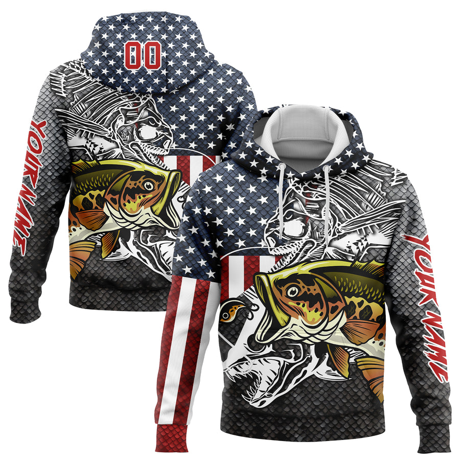 Custom Navy Red-Steel Gray 3D American Flag And Striped Bass Fish Fishing Sports Pullover Sweatshirt Hoodie