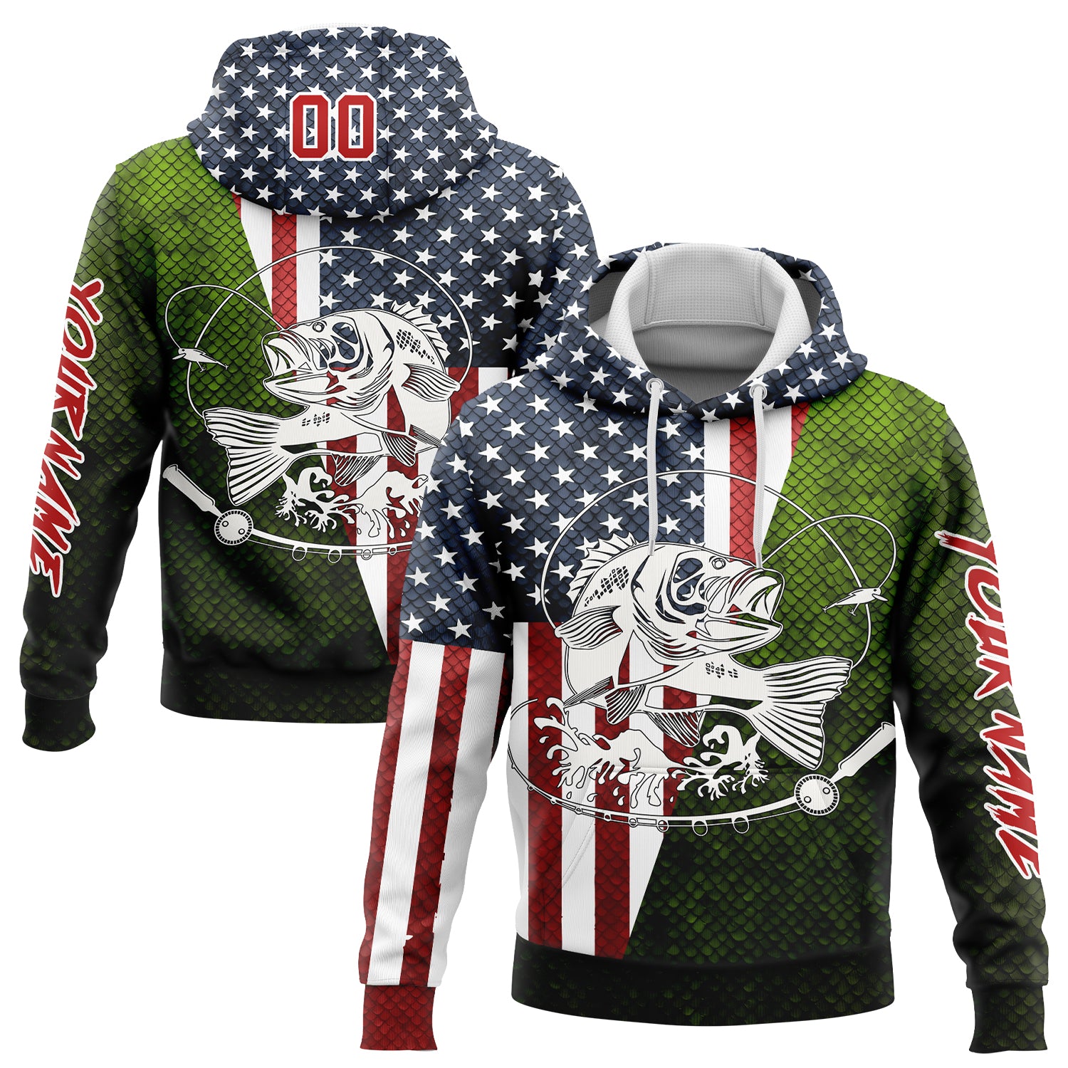 Custom Navy Red-Aurora Green 3D American Flag And Smallmouth Bass Fish Fishing Sports Pullover Sweatshirt Hoodie