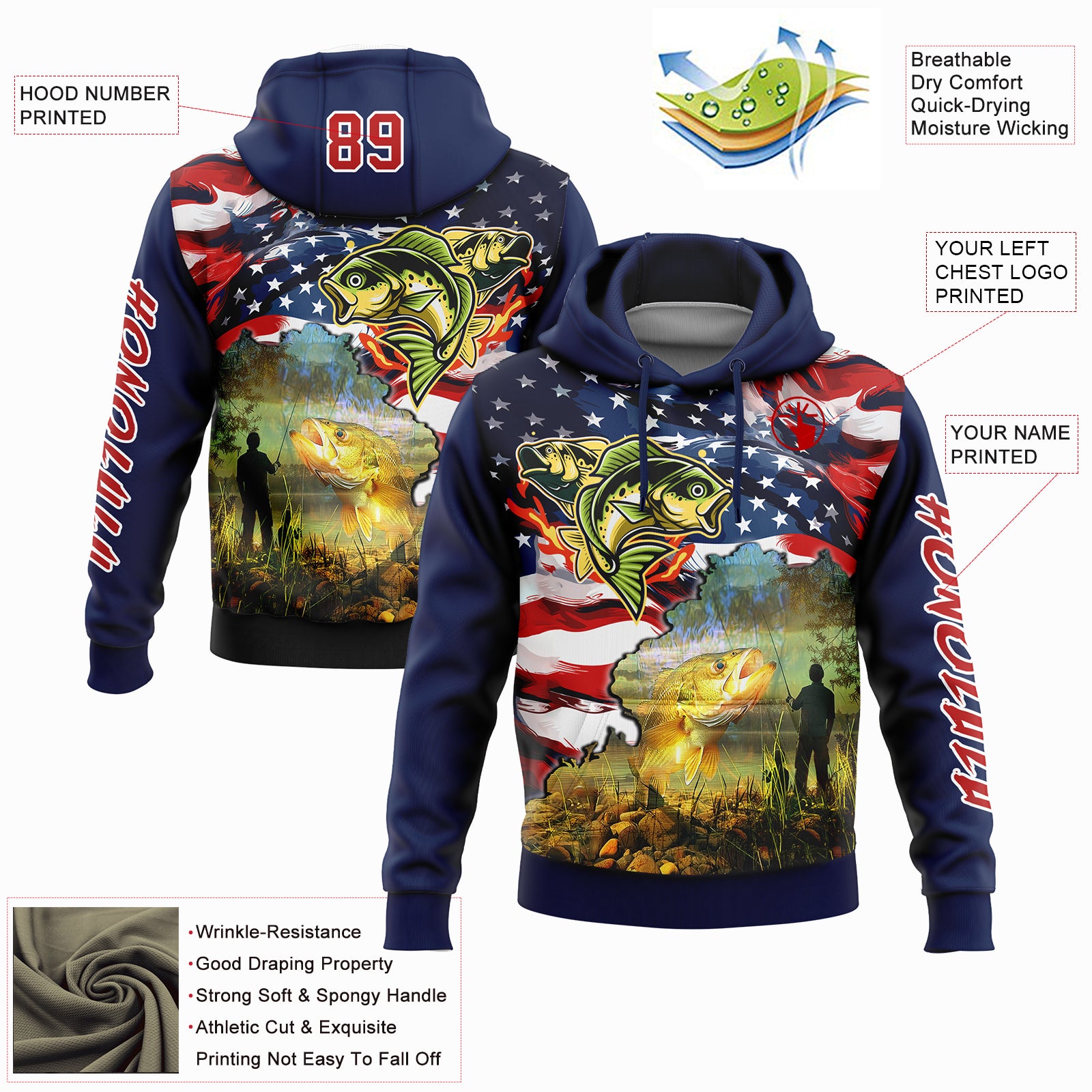 Custom Navy Red-White 3D American Flag And Smallmouth Bass Fish Fishing Sports Pullover Sweatshirt Hoodie