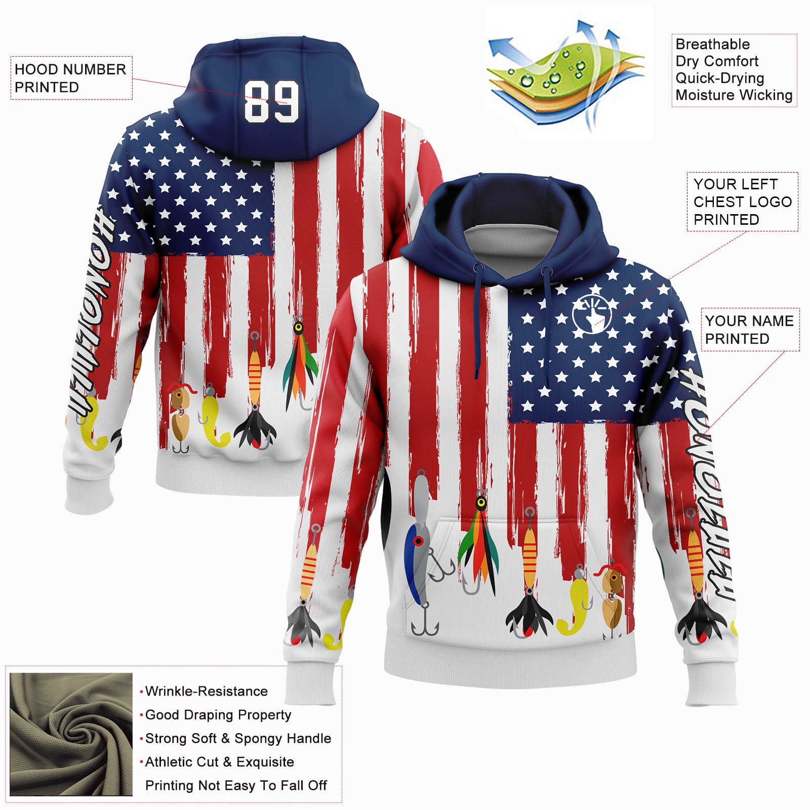 Custom White US Navy Blue Red-Black 3D American Flag And Fish Hook Fishing Bait Sports Pullover Sweatshirt Hoodie