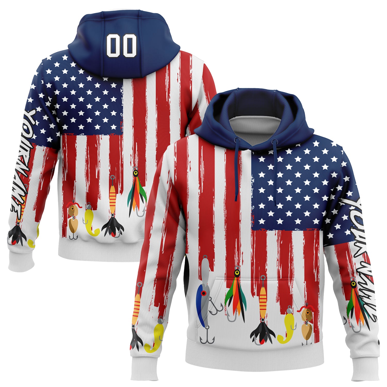 Custom White US Navy Blue Red-Black 3D American Flag And Fish Hook Fishing Bait Sports Pullover Sweatshirt Hoodie