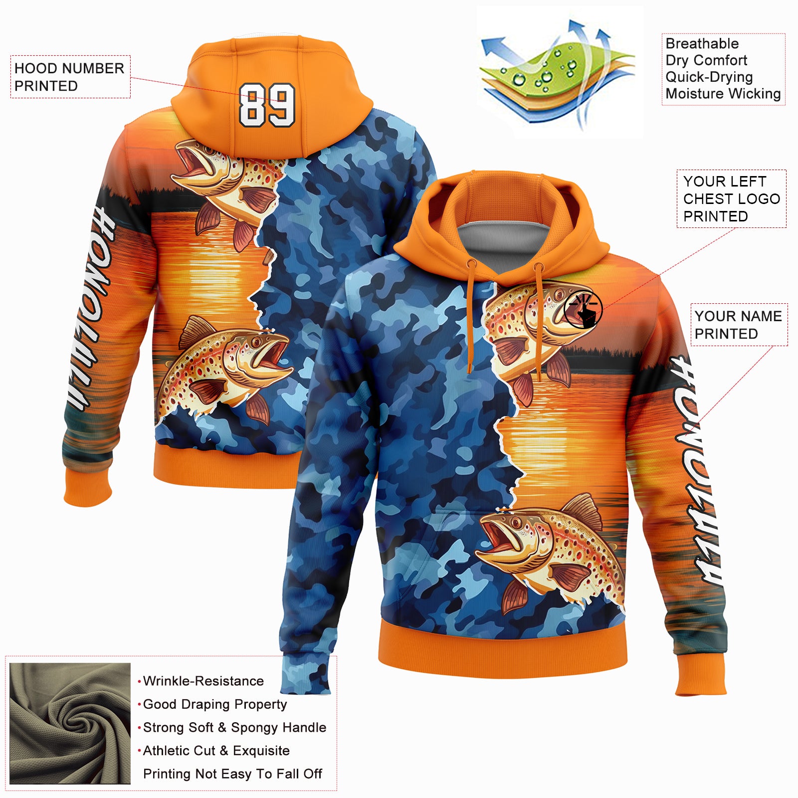 Custom Bay Orange Camo-Black 3D Trout Fish Fishing Sports Pullover Sweatshirt Hoodie