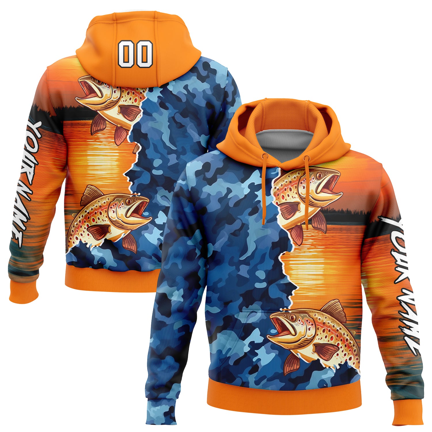 Custom Bay Orange Camo-Black 3D Trout Fish Fishing Sports Pullover Sweatshirt Hoodie