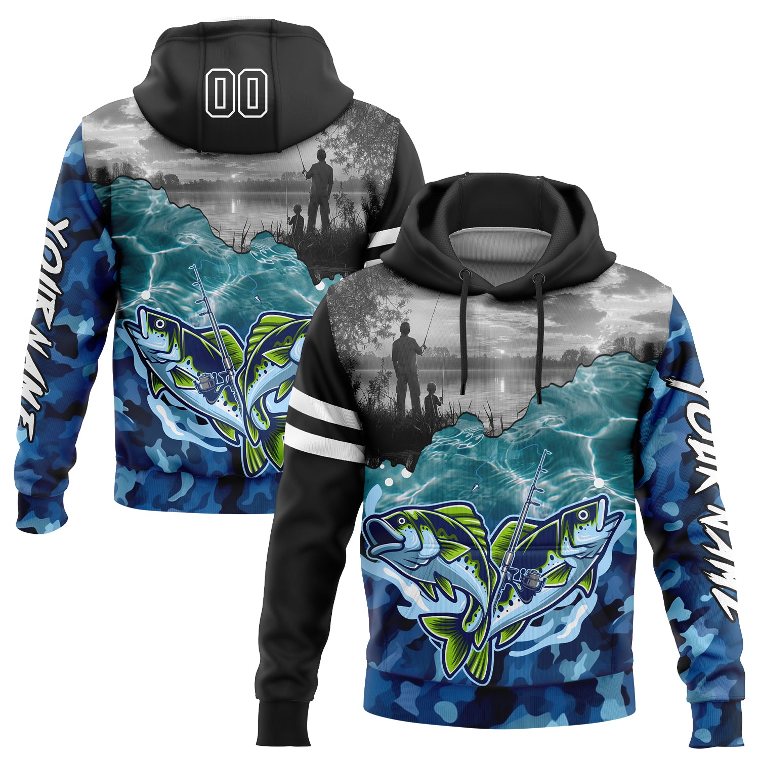 Custom Black Camo-White 3D Largemouth Bass Fish Fishing Sports Pullover Sweatshirt Hoodie